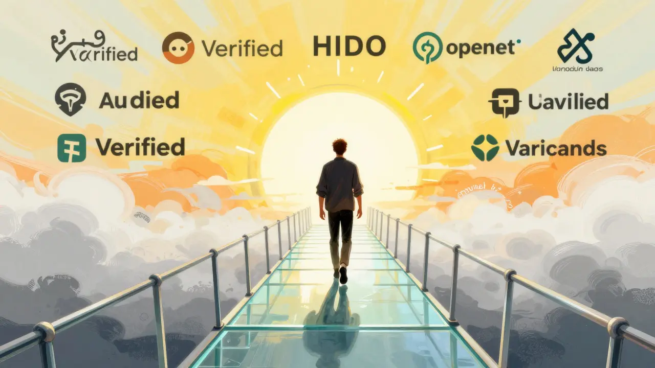 Colorful artwork showing a user walking on a transparent bridge toward verified crypto projects.