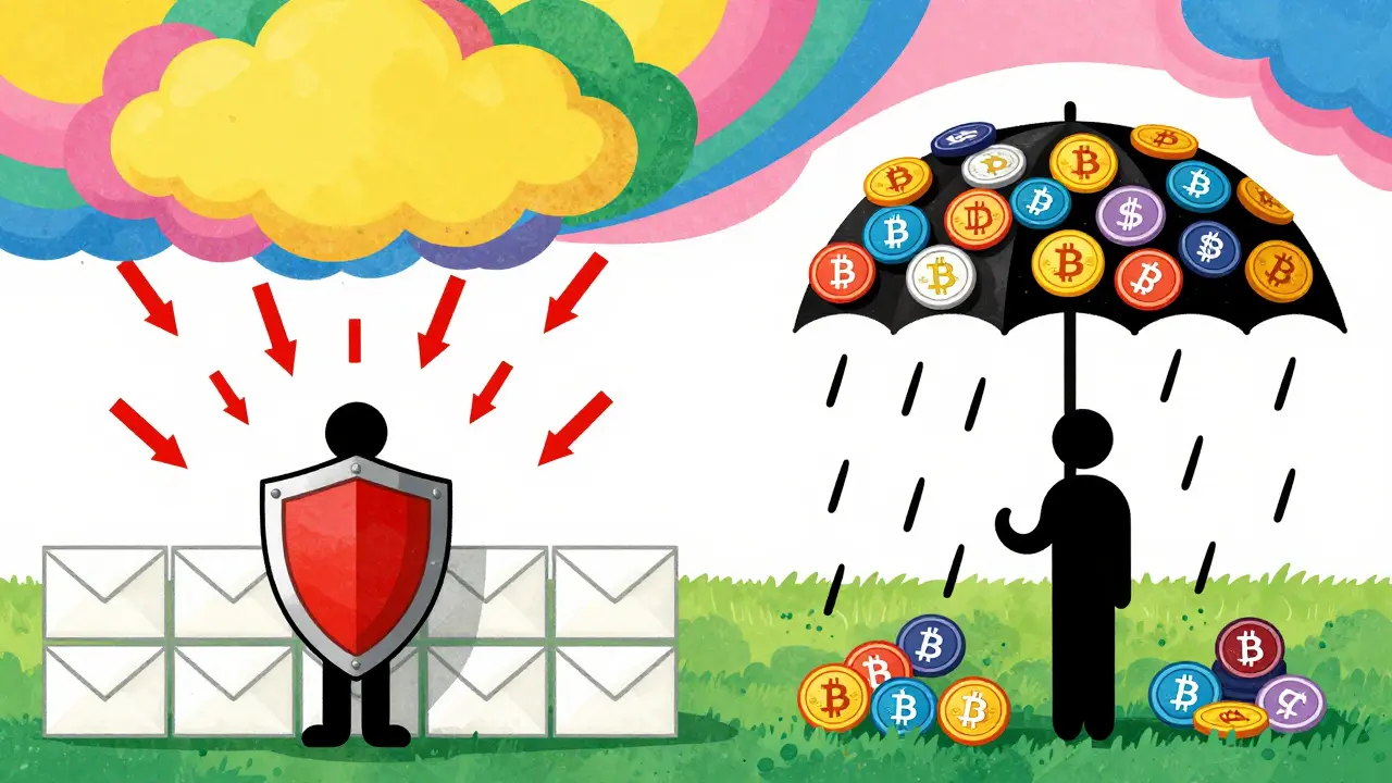 Colorful cartoon comparing isolated protection vs shared cross margin strategies