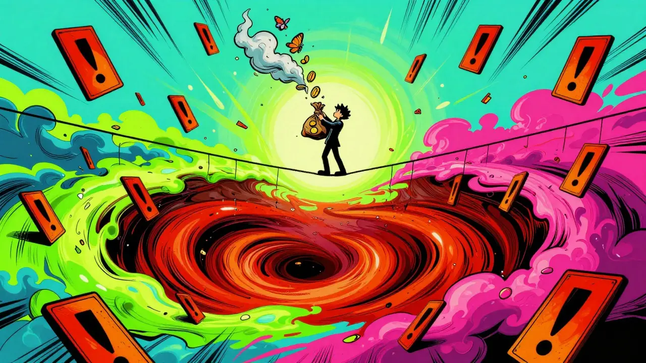 Colorful cartoon of investor on tightrope losing coins, symbolizing high risk