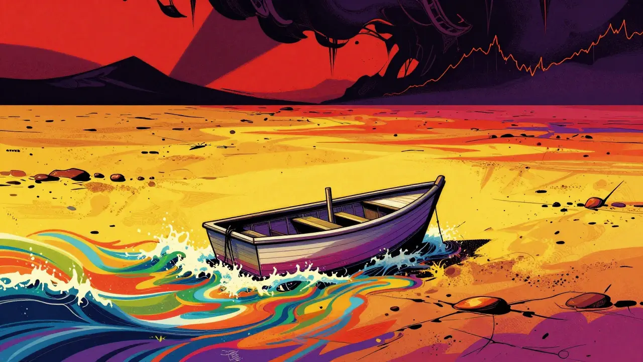 Colorful cartoon of stranded boat in dry sea symbolizing low liquidity