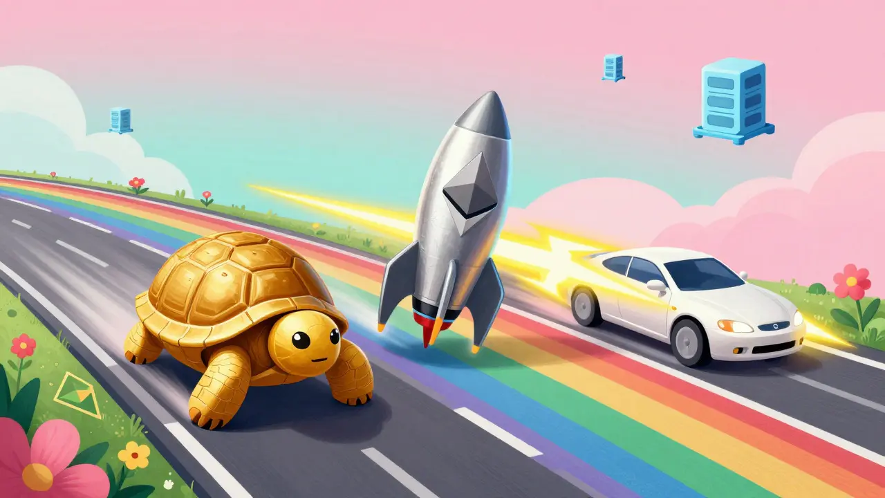 Colorful illustration comparing blockchain speeds with racing vehicles