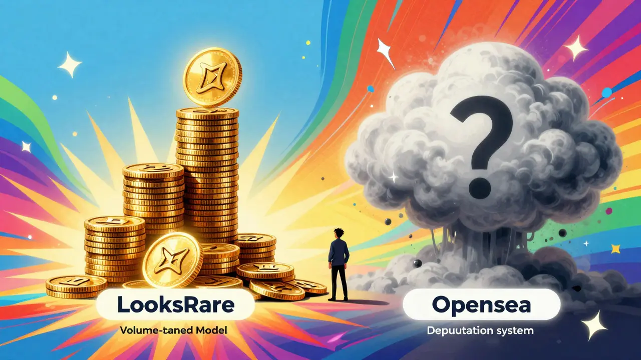 Colorful illustration comparing coin stacks for volume verification against a foggy cloud for reputation checks.