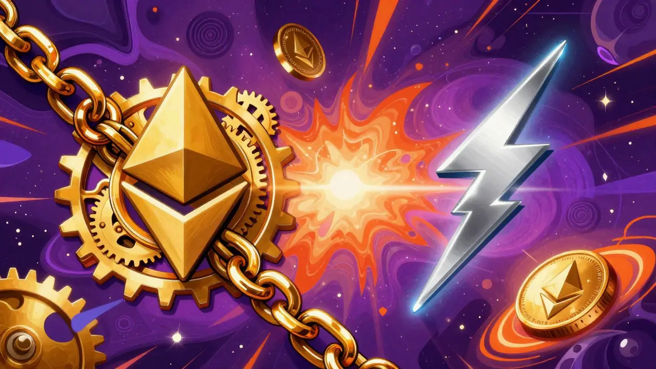 Colorful illustration comparing slow Ethereum and fast Solana chains