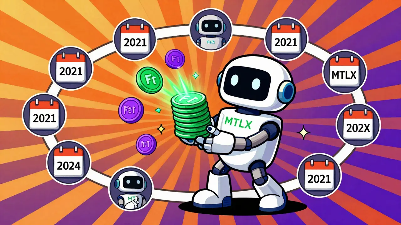 Colorful illustration of crypto tokens transforming and distributing