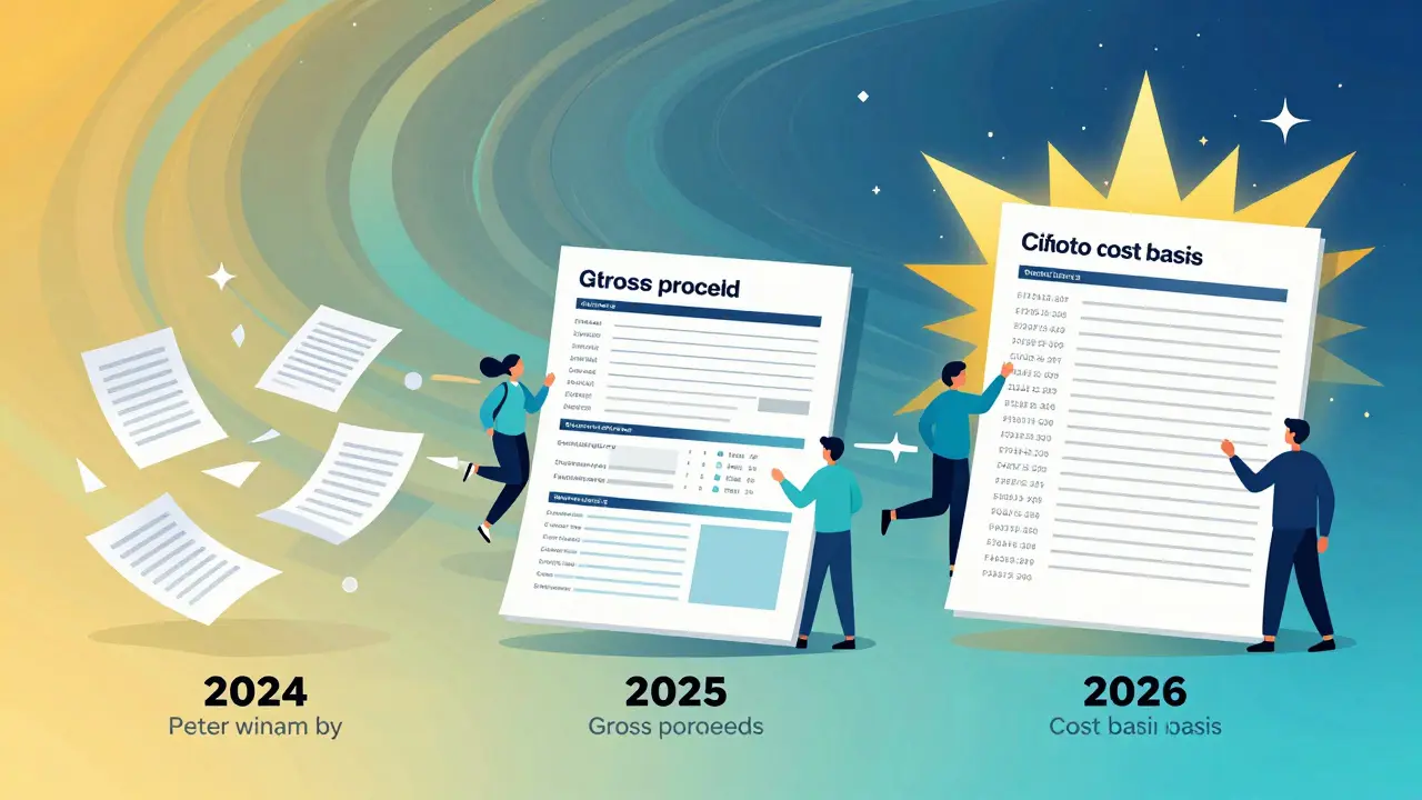 Colorful illustration of the three phases of new crypto tax reporting rules.
