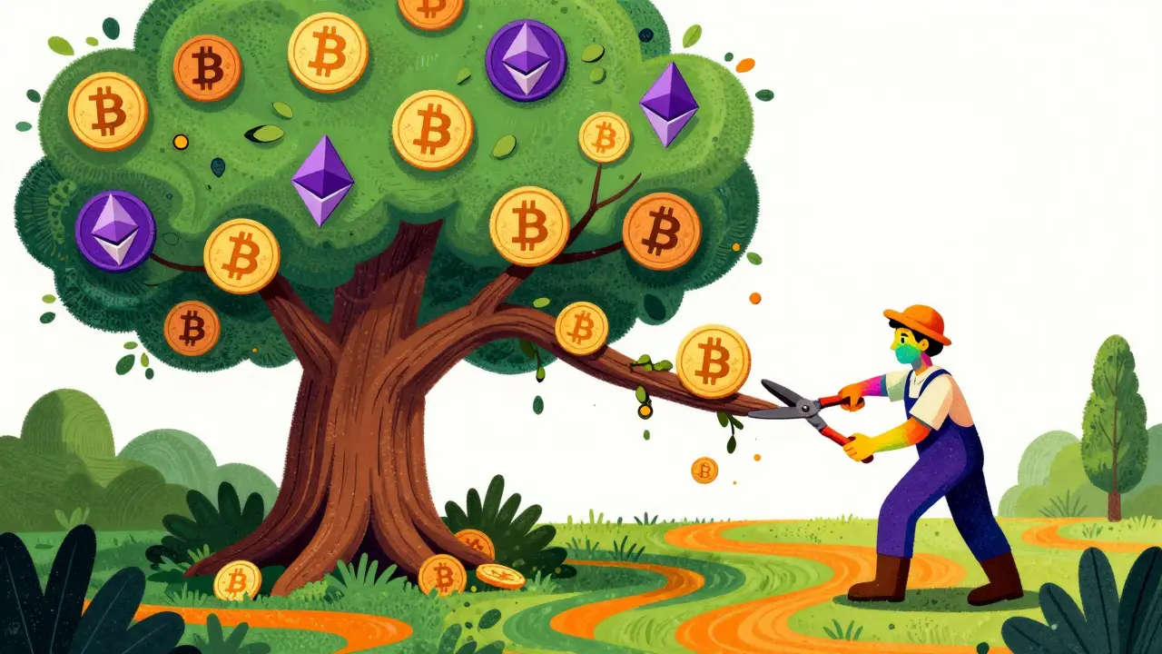 Colorful illustration of trimming an overgrown crypto portfolio tree