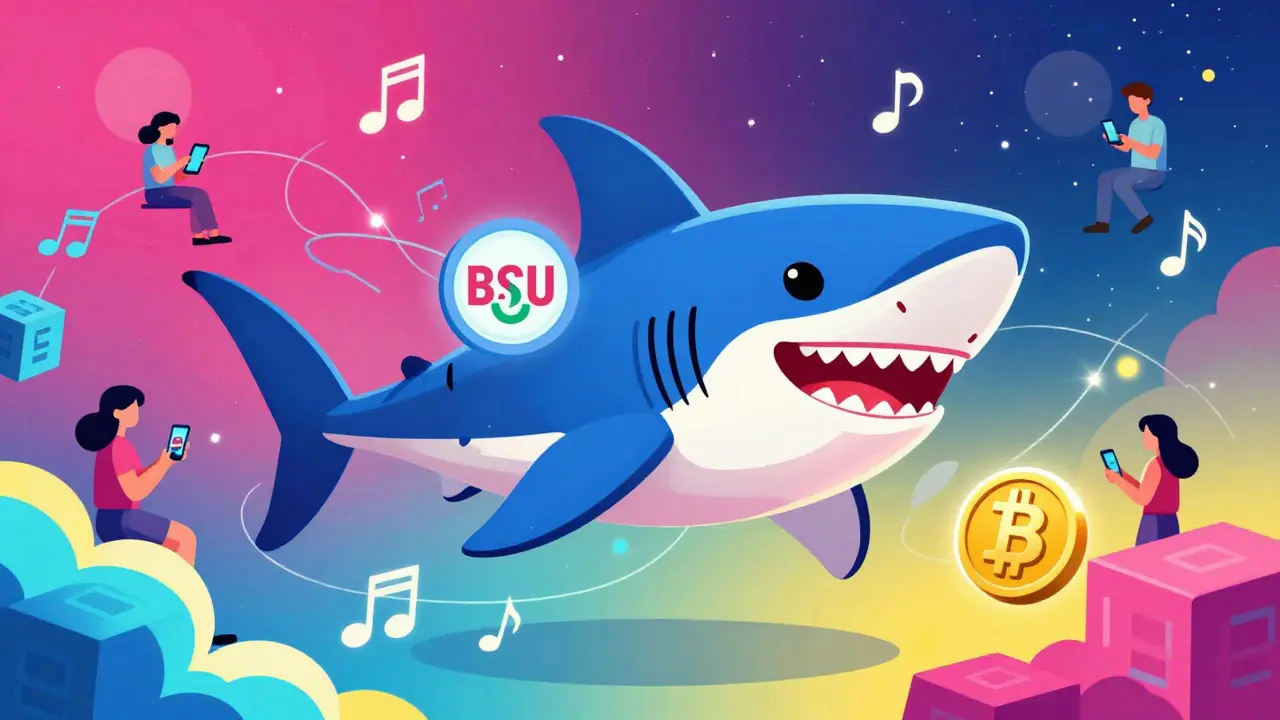Colorful Peter Max art of a shark swimming through music and tech