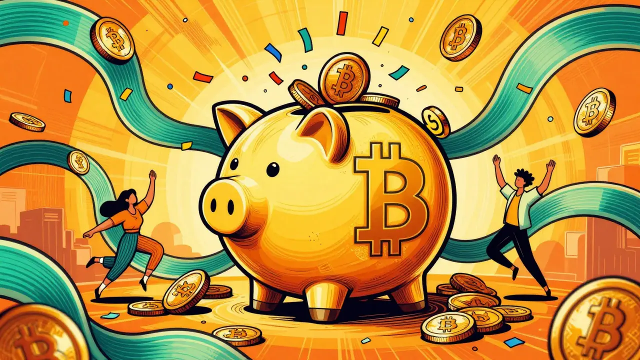 Colorful Peter Max illustration of a Bitcoin piggy bank overflowing with savings.
