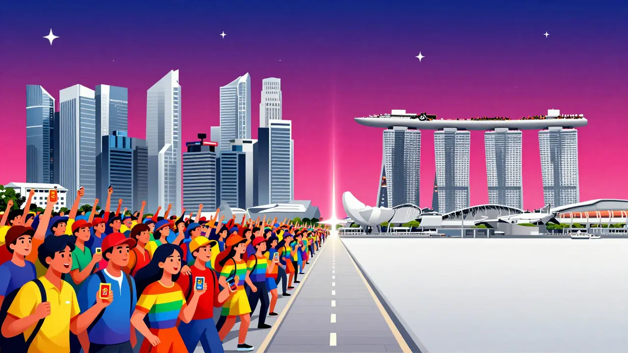 Colorful retail crypto users in Vietnam contrasted with Singapore's institutional towers
