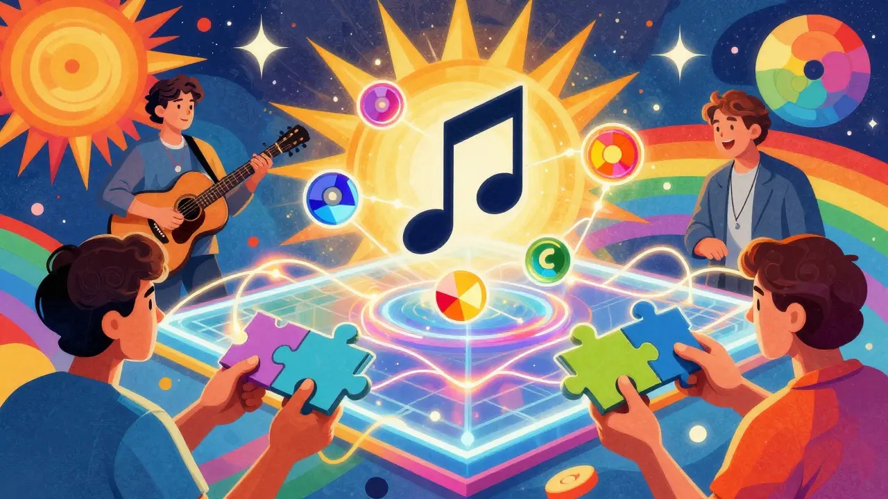 Colorful tokens and neon chains forming a transparent music rights ledger