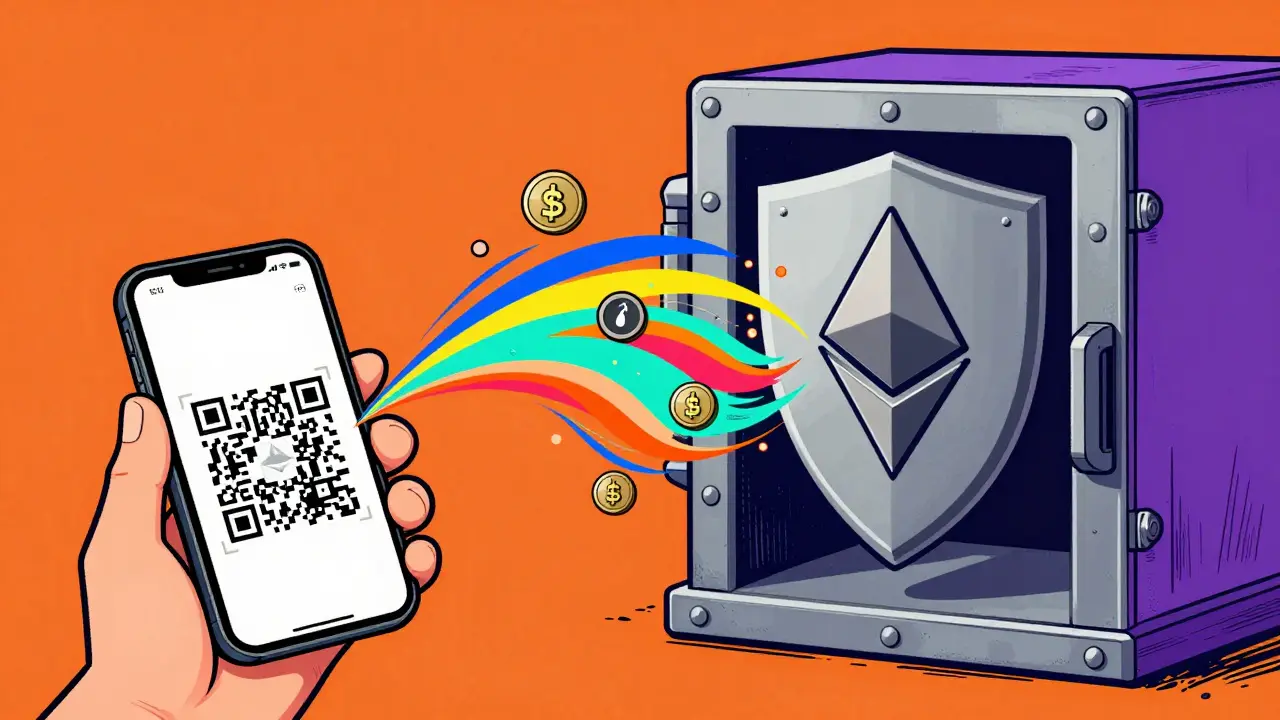 Direct crypto payment flow from phone to secure vault in vibrant Peter Max art style.