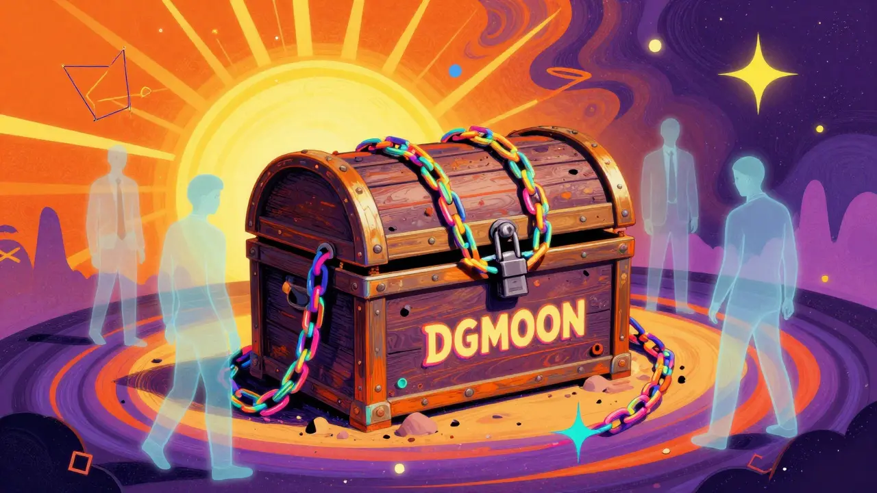 Dusty locked chest representing dormant DGMOON token in space