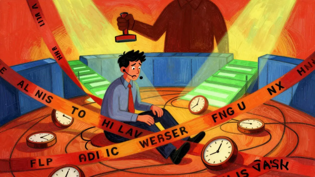 Frustrated trader trapped in red bureaucratic tape and clocks in Peter Max style.
