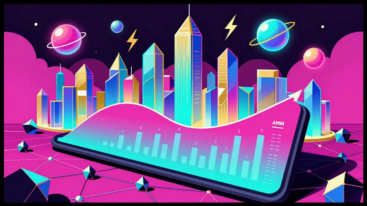 Futuristic DeFi landscape showing hybrid trading models
