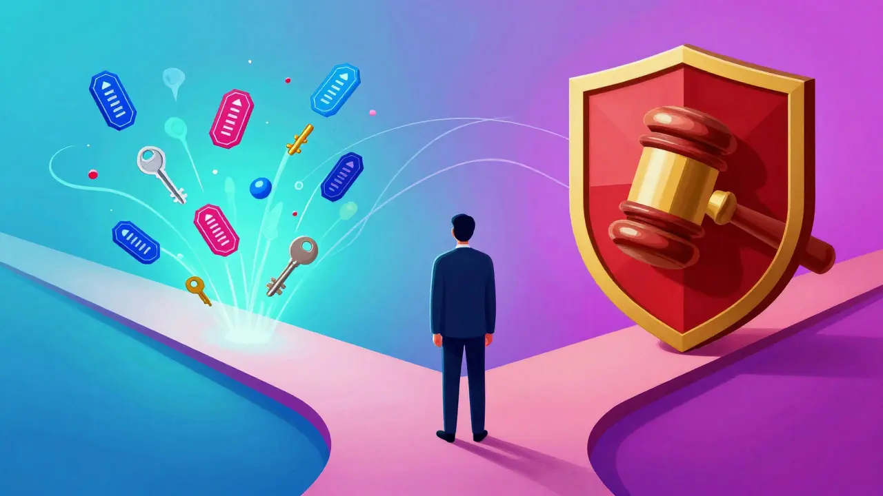 Illustration of a choice between free digital keys and regulated security assets.