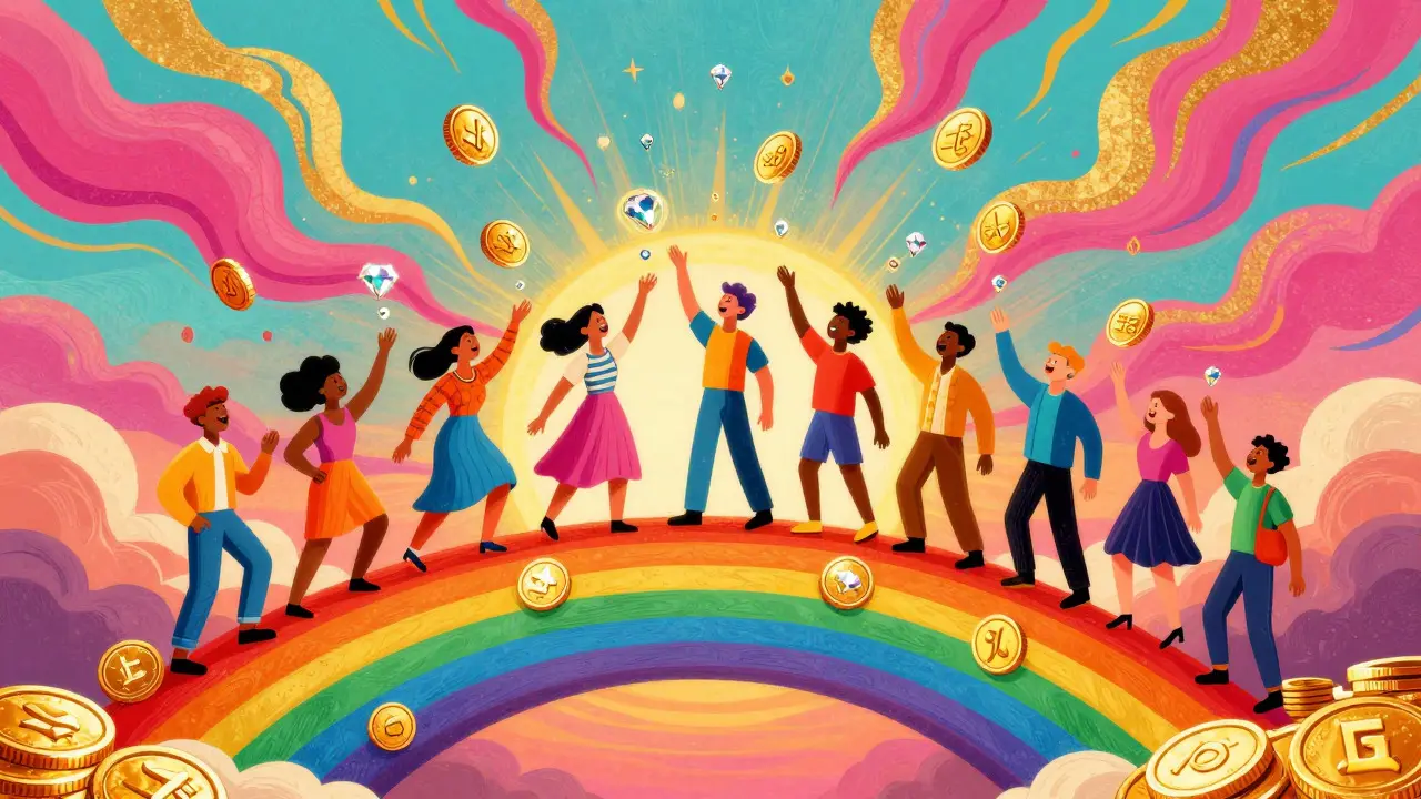 Joyful figures catching glowing LEOS tokens on a rainbow bridge