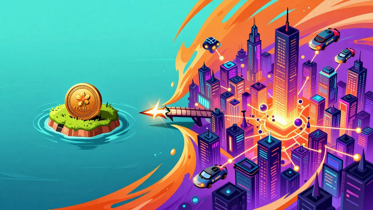 Peter Max illustration contrasting a small, empty island with a huge, bustling neon gaming cityscape.