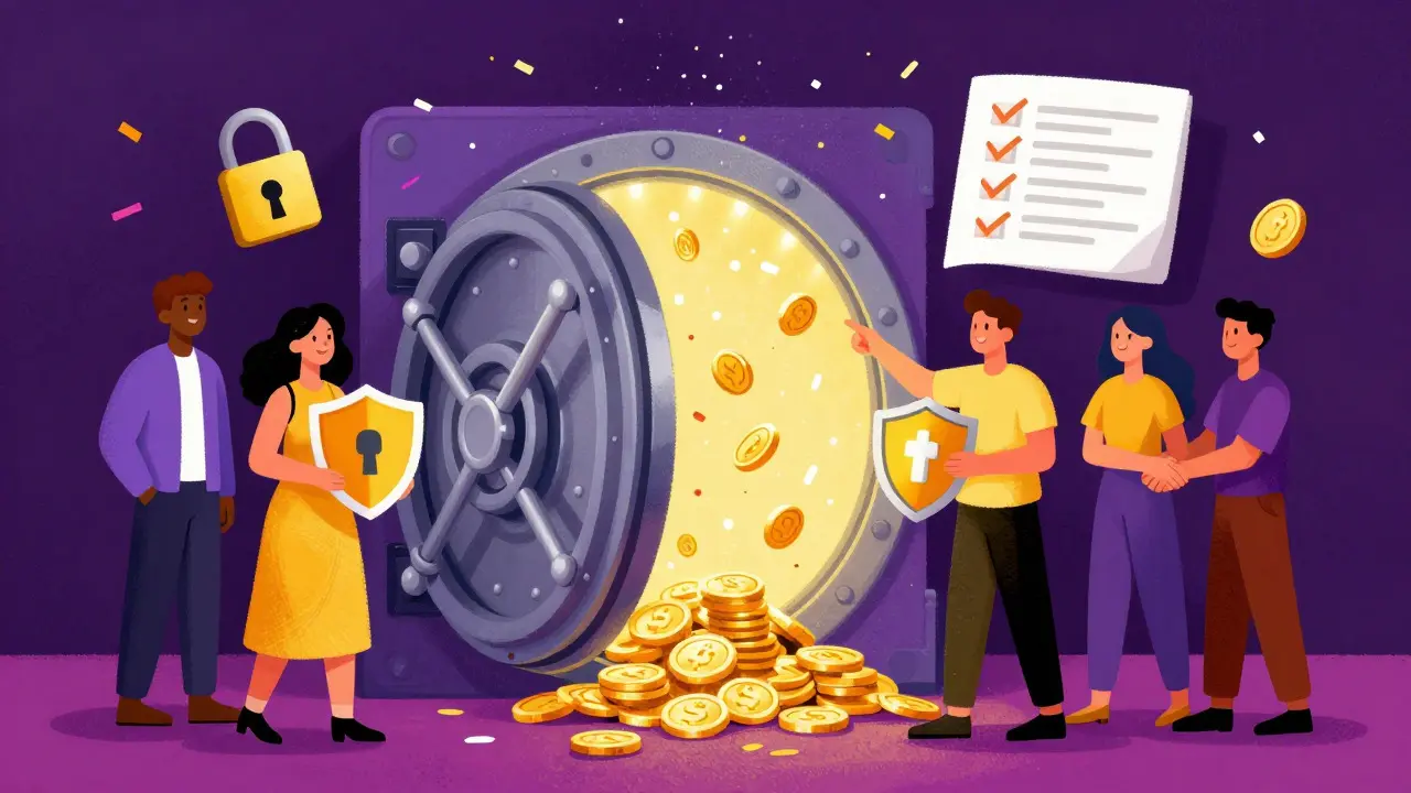 Peter Max illustration of users safely claiming crypto rewards from a glowing vault