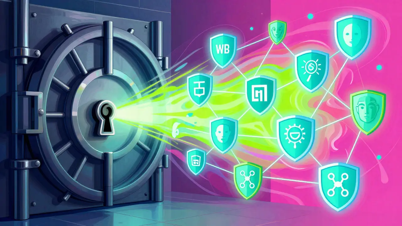 Peter Max style contrast between a dark vault and a bright, secure decentralized crypto network.