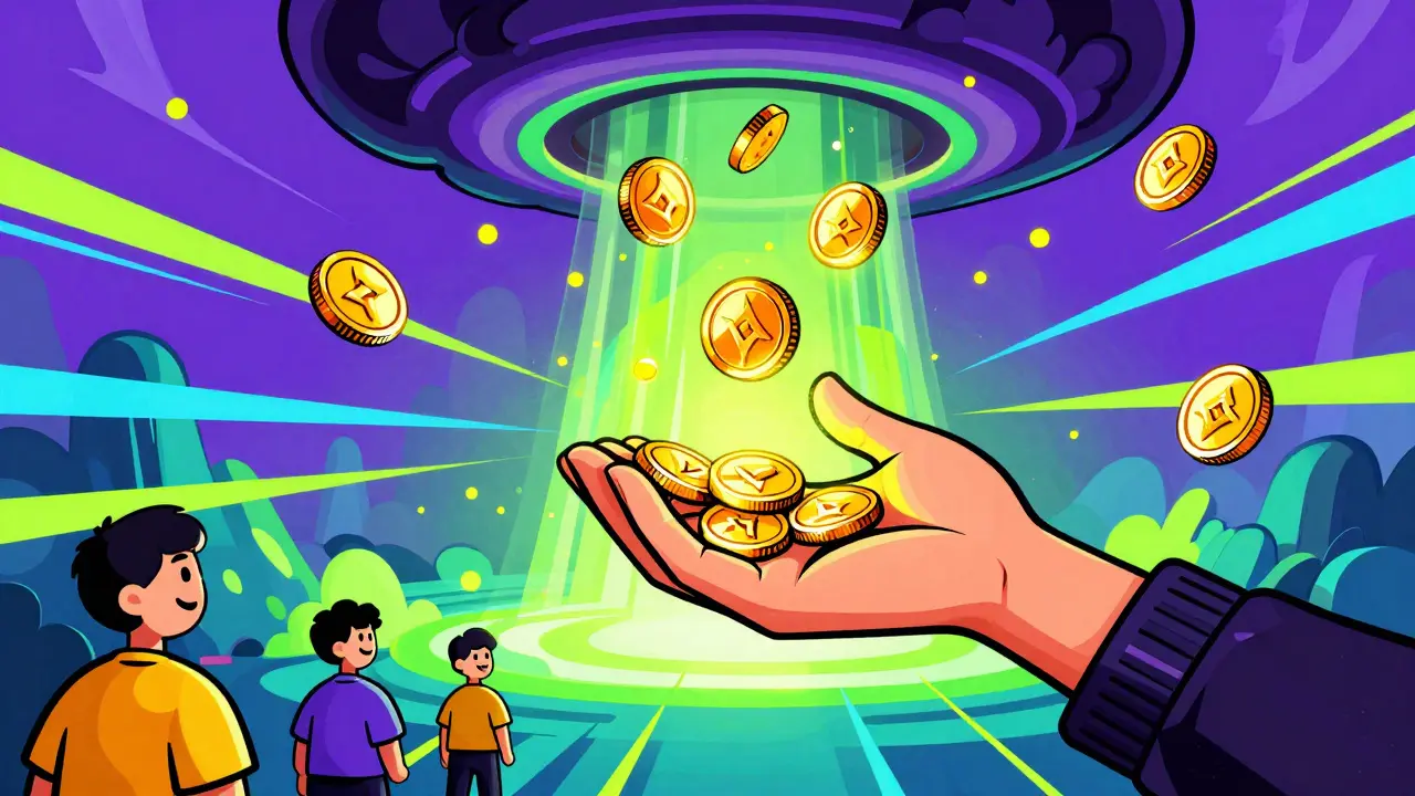 Peter Max style illustration of hands catching glowing gold coins