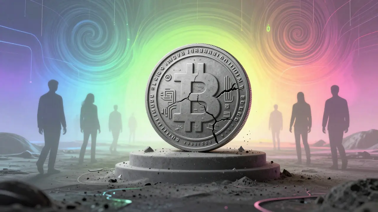 Peter Max style image of a fading gray crypto coin surrounded by ghostly figures leaving for a bright future.