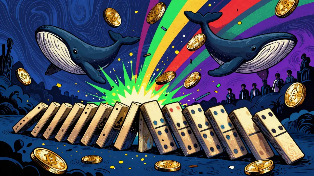 Peter Max style image of crypto coins cascading down like dominoes in a liquidation cluster.