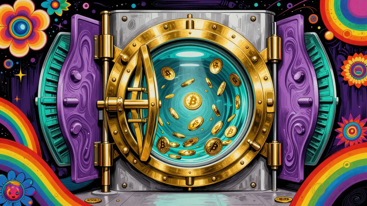 Peter Max style vault with colorful energy shields protecting digital assets.