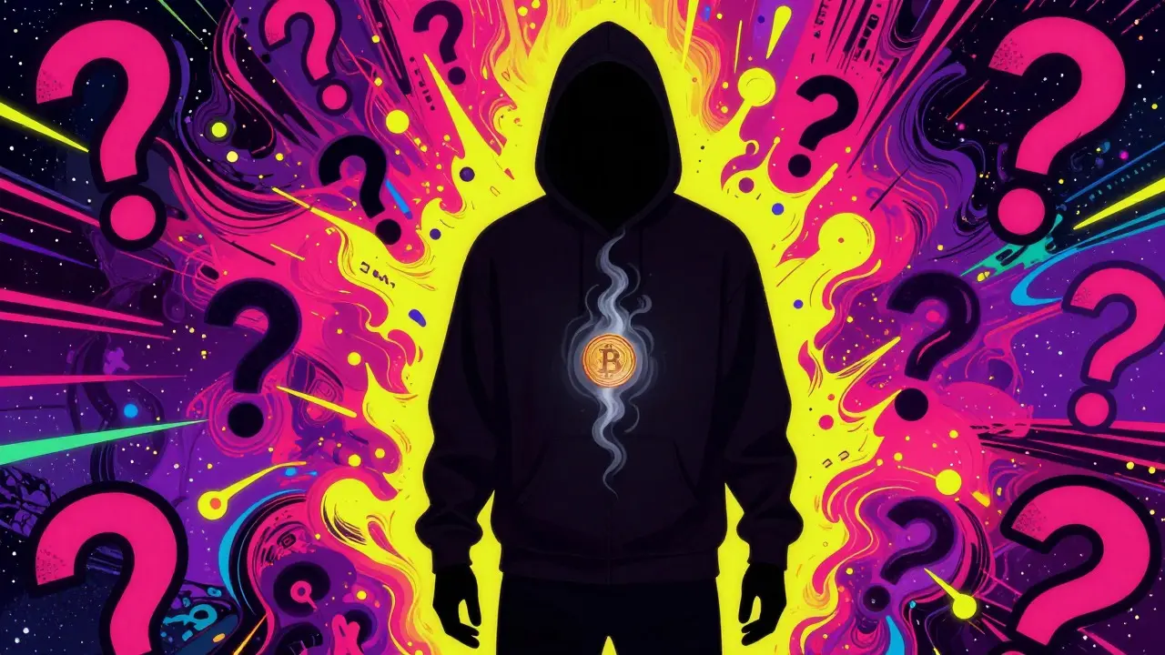 Psychedelic illustration of anonymous crypto creator silhouette with mysterious coin