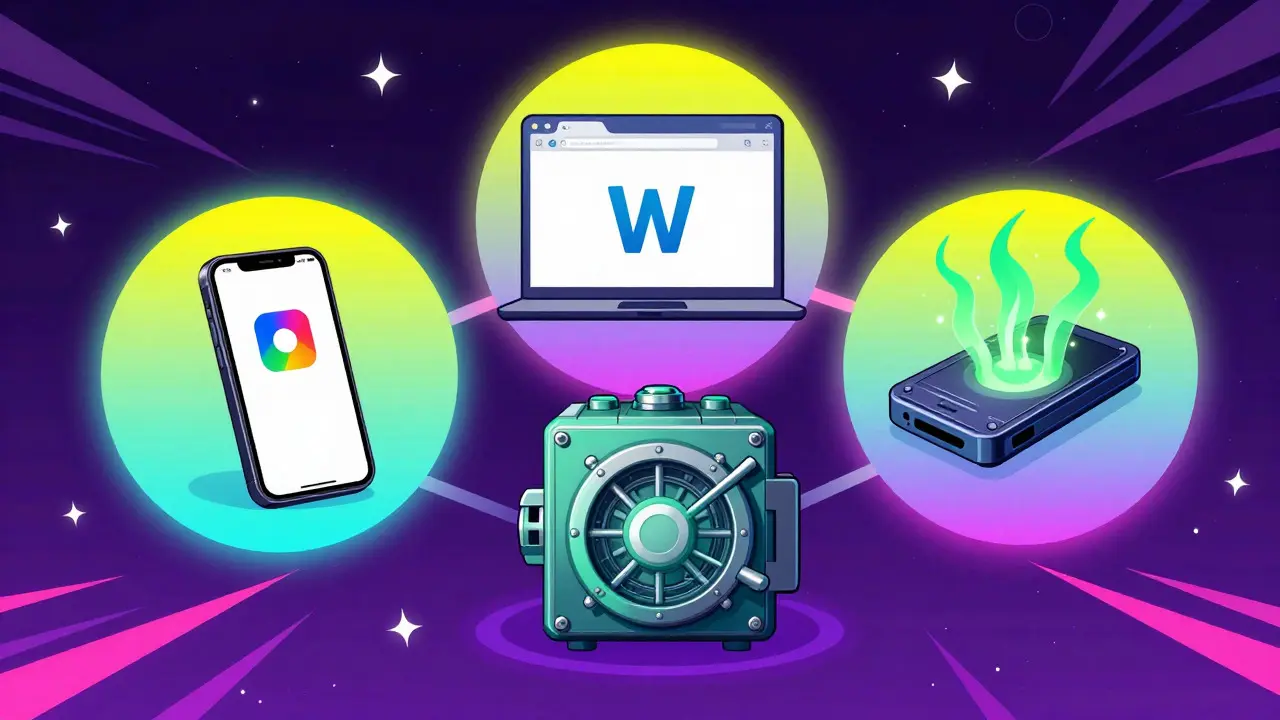 Three crypto wallet types protected by neon halos in space