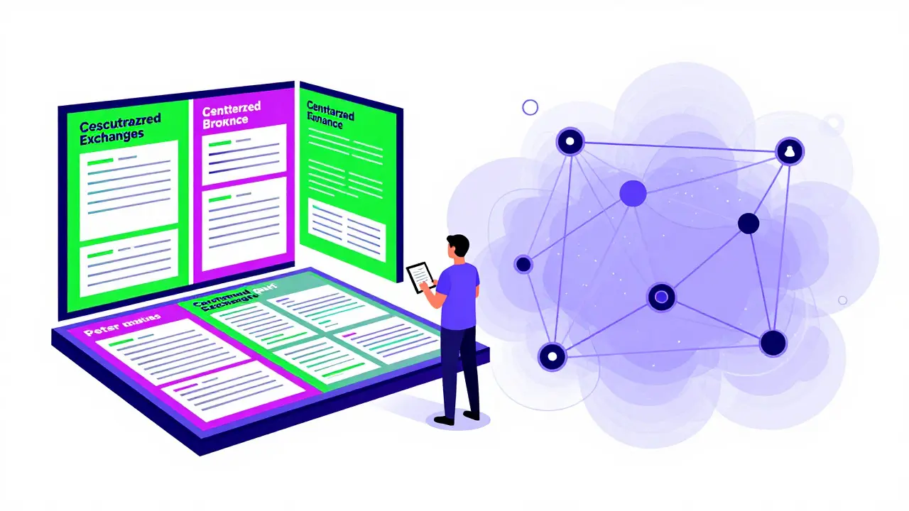 Vibrant art contrasting centralized crypto exchanges with decentralized networks.