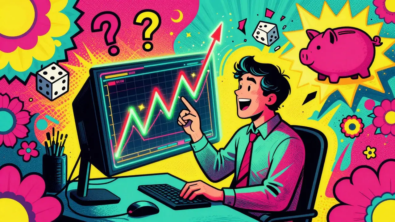 Vibrant art of trader watching wild price swings in neon colors