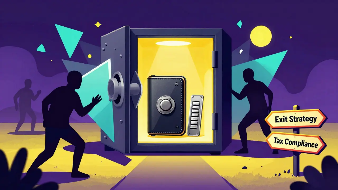 Vibrant art showing a secure crypto vault and exit strategy path