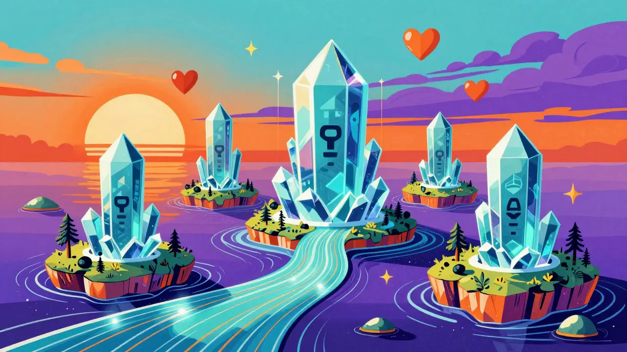 Vibrant art showing crystal structures protecting data streams in a futuristic, rainbow-colored digital landscape.