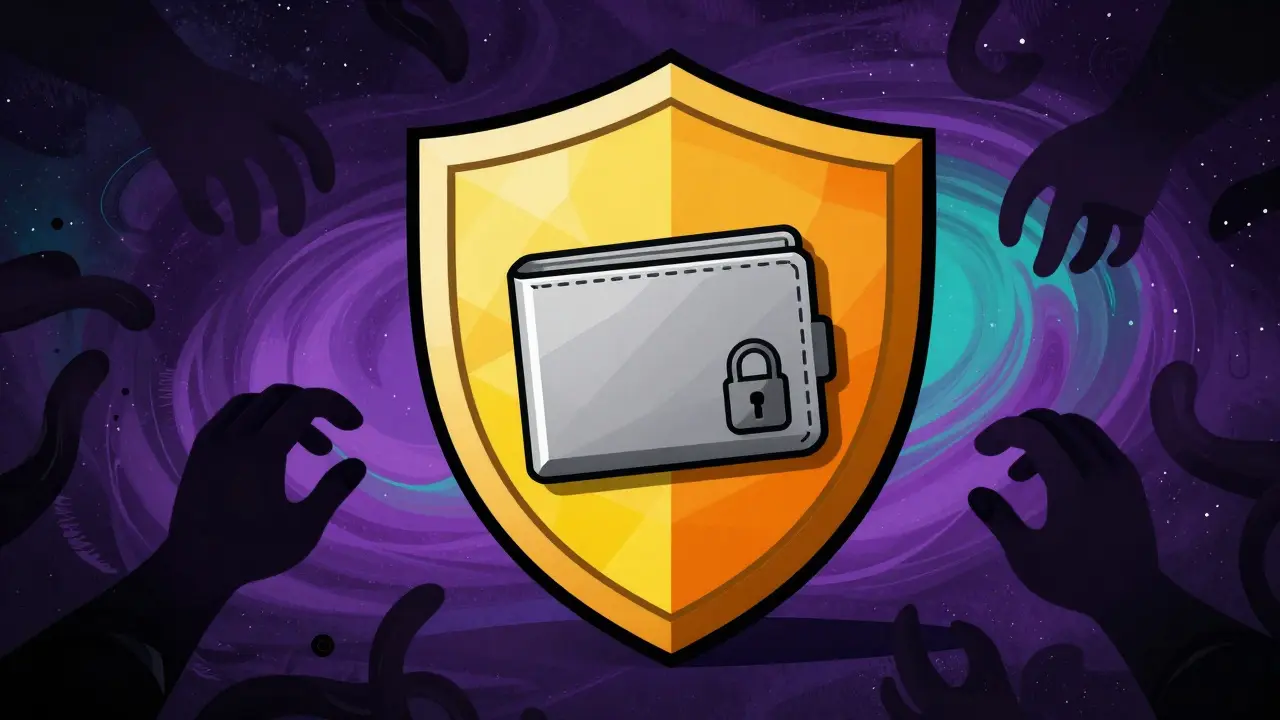 Vibrant illustration of a shield protecting a hardware wallet from abstract cyber threats.