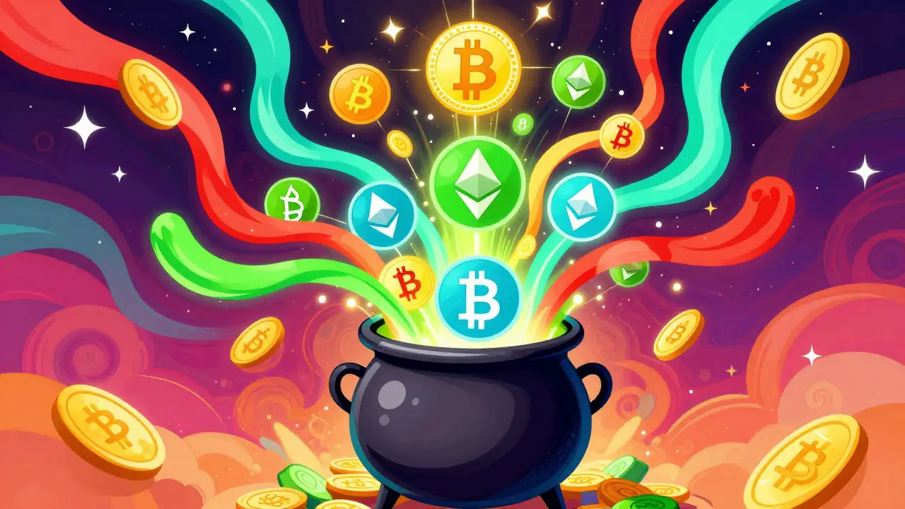 Vibrant illustration of crypto funds pooling together to support multiple trades