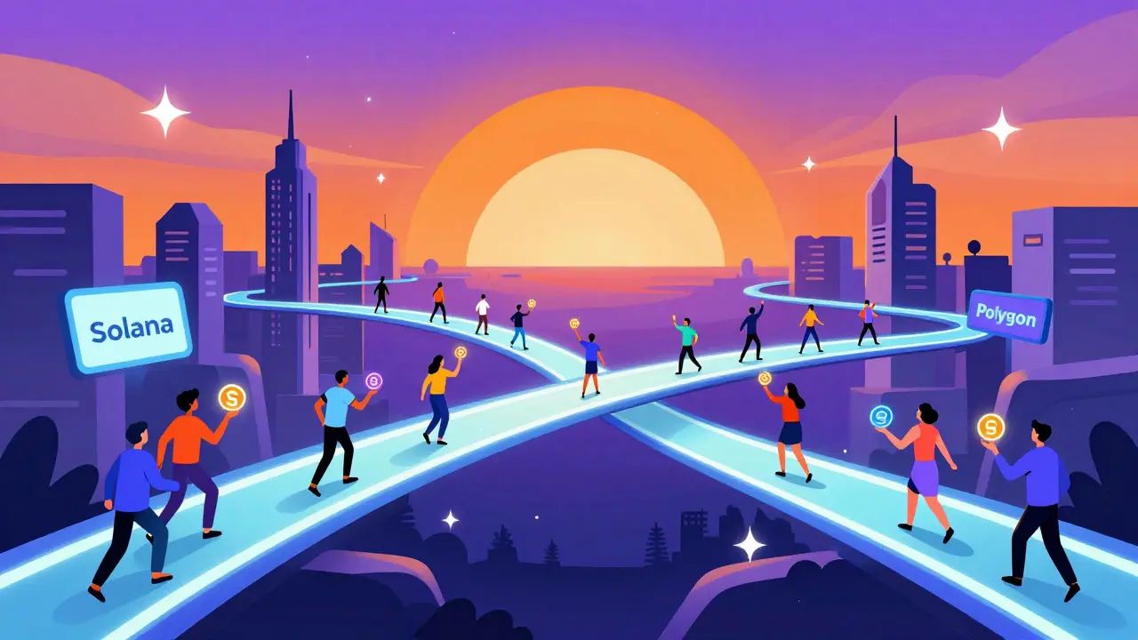 Vibrant Peter Max illustration of users seamlessly crossing light bridges between blockchain networks.