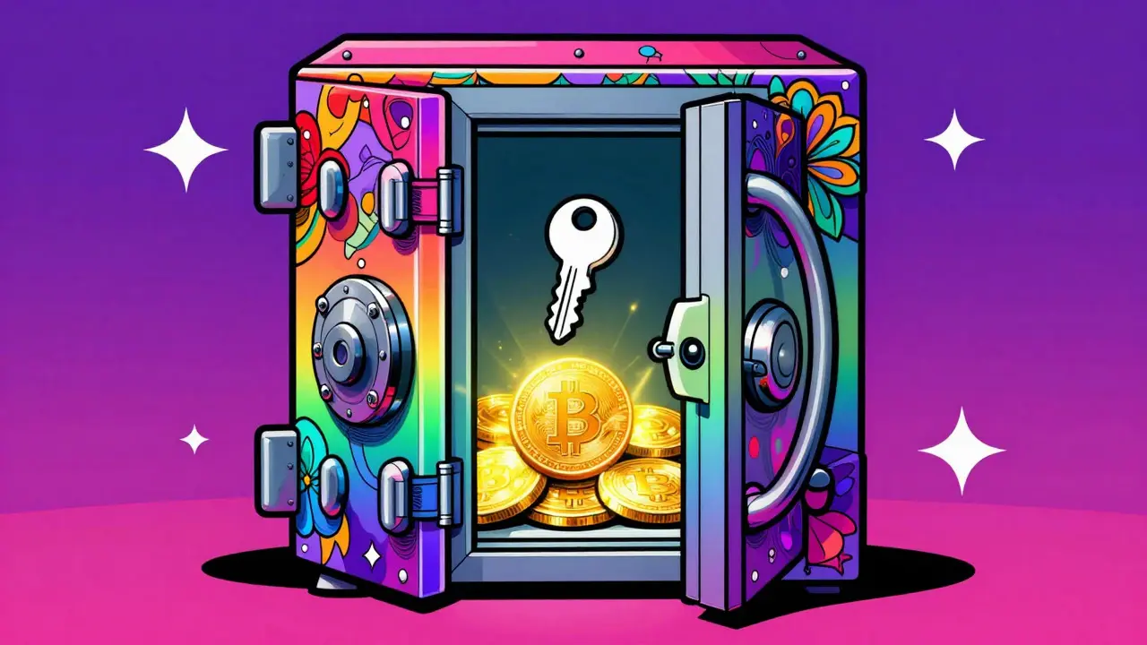 Vibrant Peter Max style image of a secure, patterned crypto vault with a key.