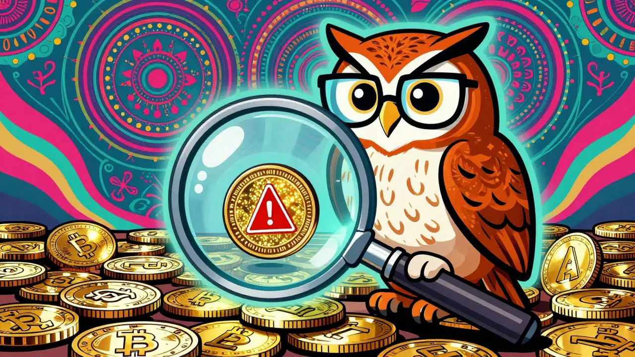 Wise owl inspecting fake crypto coins with magnifying glass