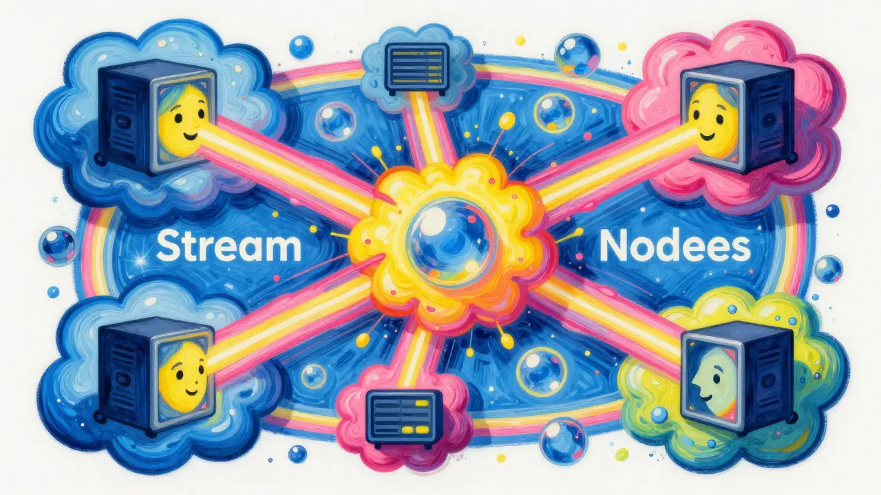 Abstract art of a decentralized network with encrypted data streams flowing between nodes