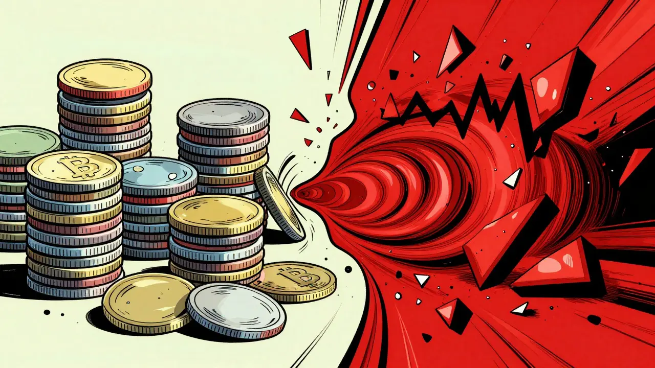 Abstract art showing chaotic fragmentation versus orderly coin stacks
