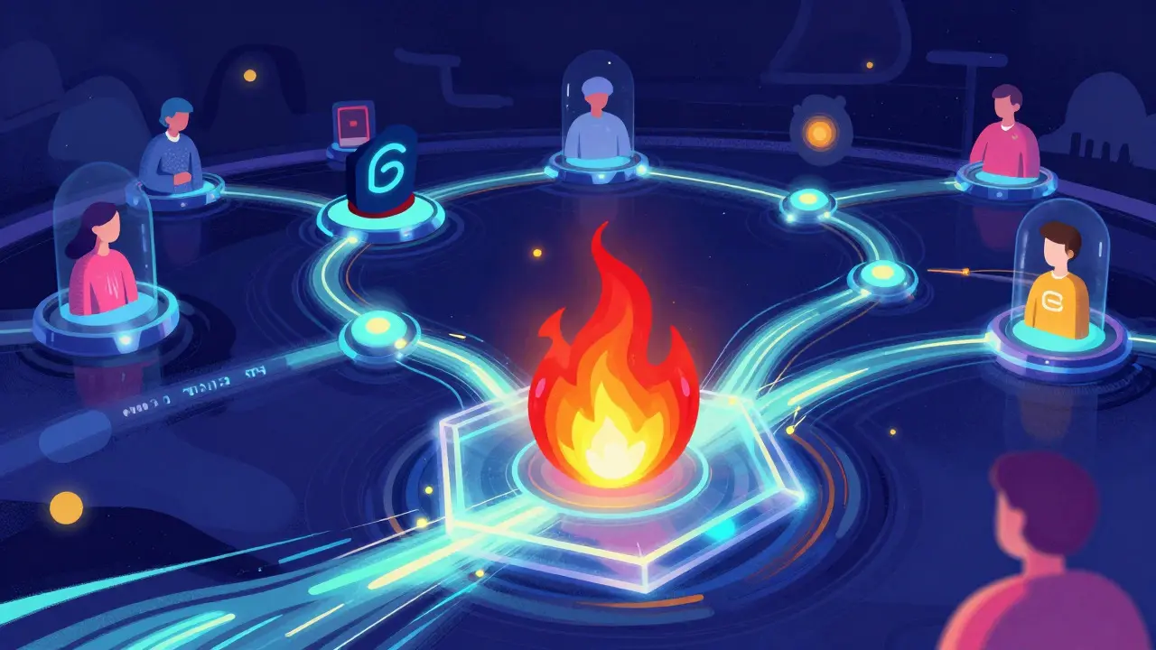 Abstract blockchain network with a central burning flame icon connected by streams of neon light