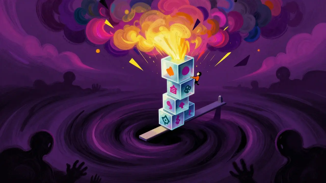 Abstract depiction of crypto volatility with a wobbling tower over a dark, swirling abyss