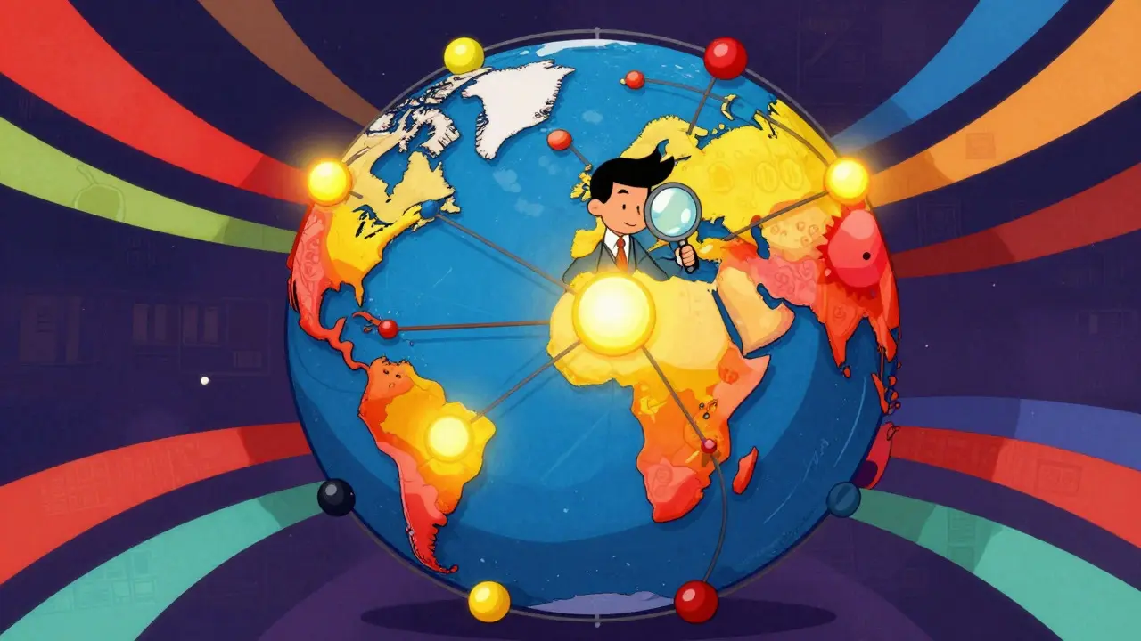 Abstract globe with highlighted nodes and a magnifying glass in Peter Max style