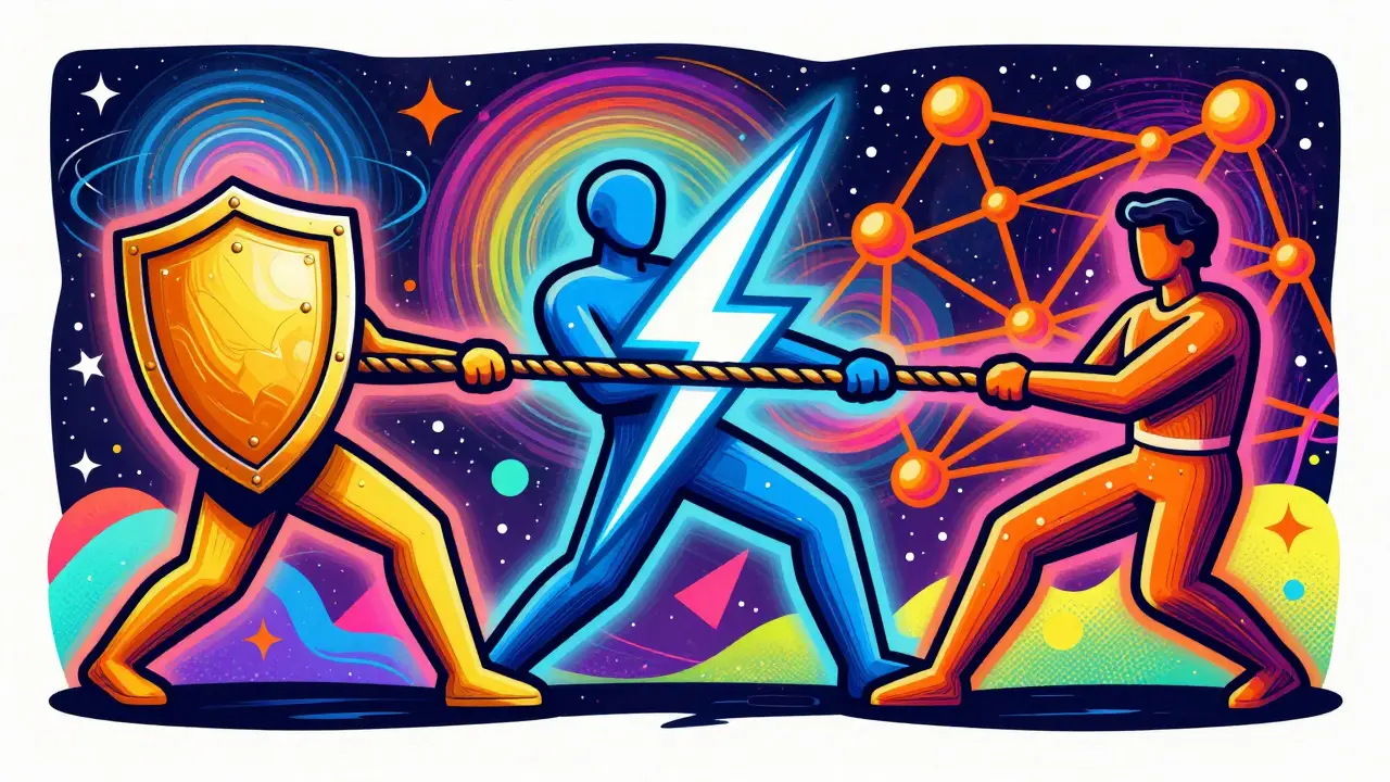 Abstract tug-of-war between security, speed, and decentralization