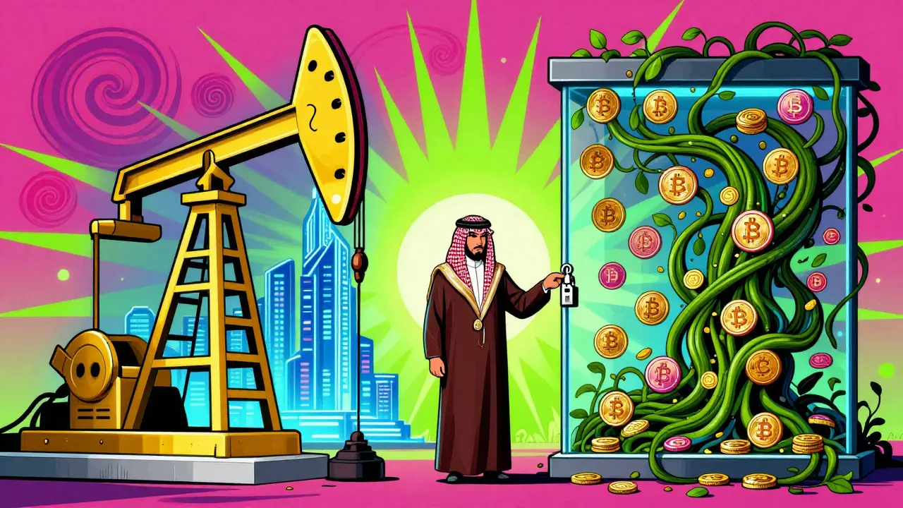 Artistic depiction of CBDC towers versus wild crypto growth vines.