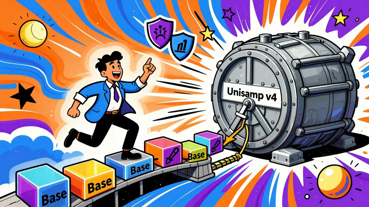 Cartoon trader on a colorful bridge representing low-fee crypto trading