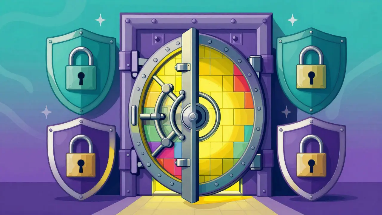 Cartoon vault with colorful shields representing secure crypto storage in Peter Max style