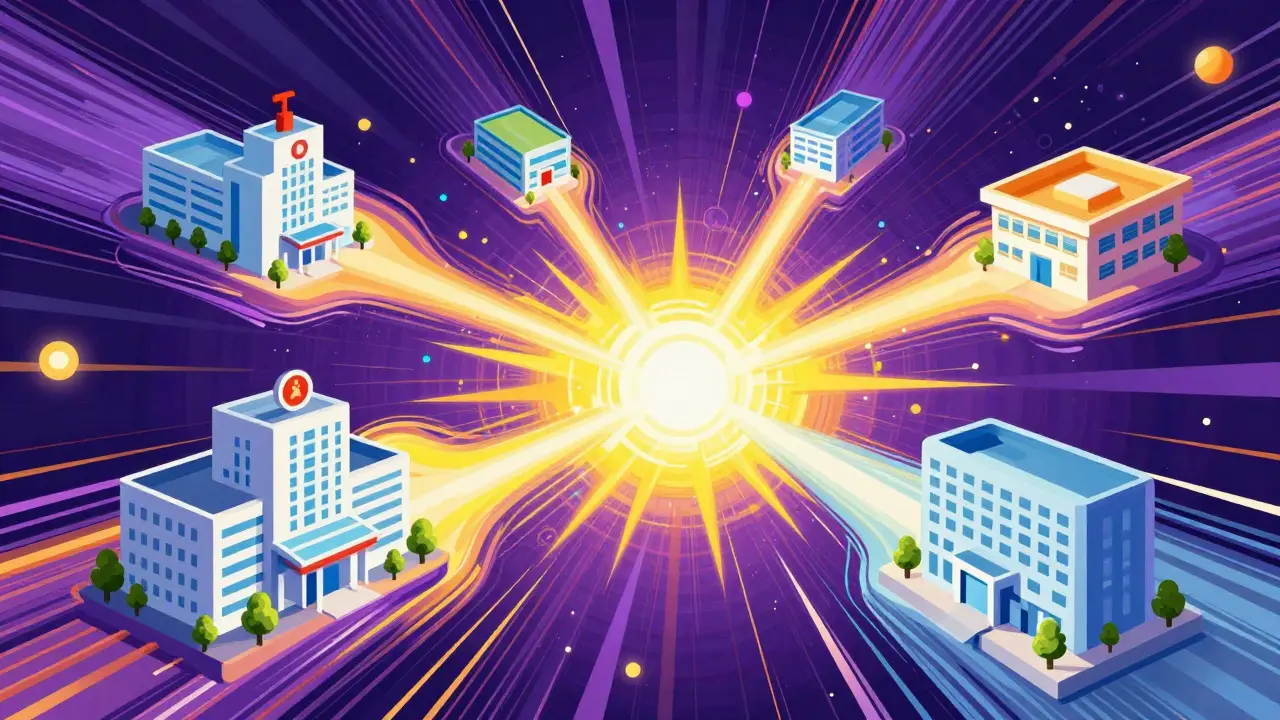 Colorful abstract illustration of fast healthcare data exchange network