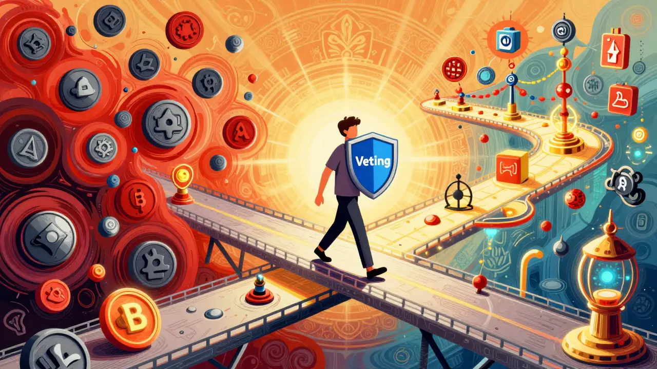 Colorful bridge connecting safe and risky crypto zones in pop art style