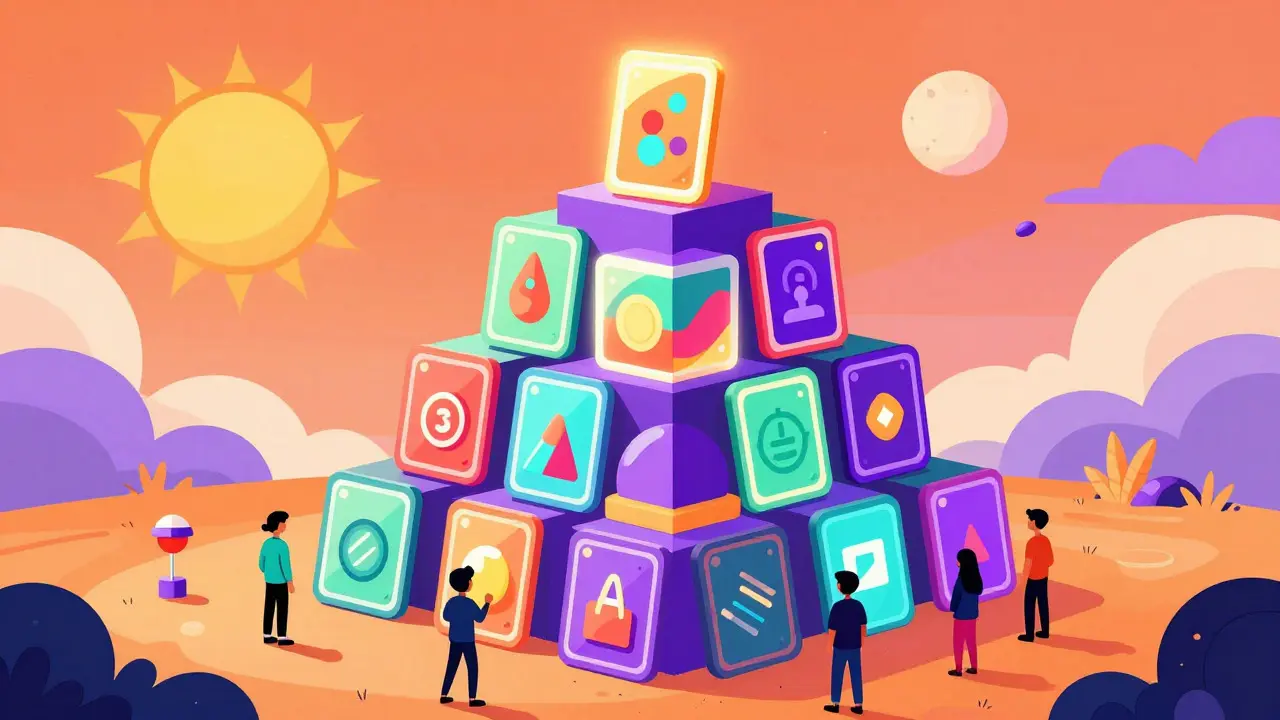 Colorful cartoon of NFT blocks stacked in a pyramid representing farming